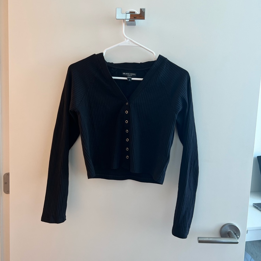 Nasty Gal Black Long Sleeve Rib Button Down Top